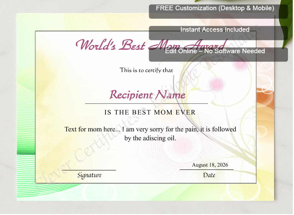 Framed preview featuring Free Editor badge stack for Editable Worlds Best Mom Award Certificate