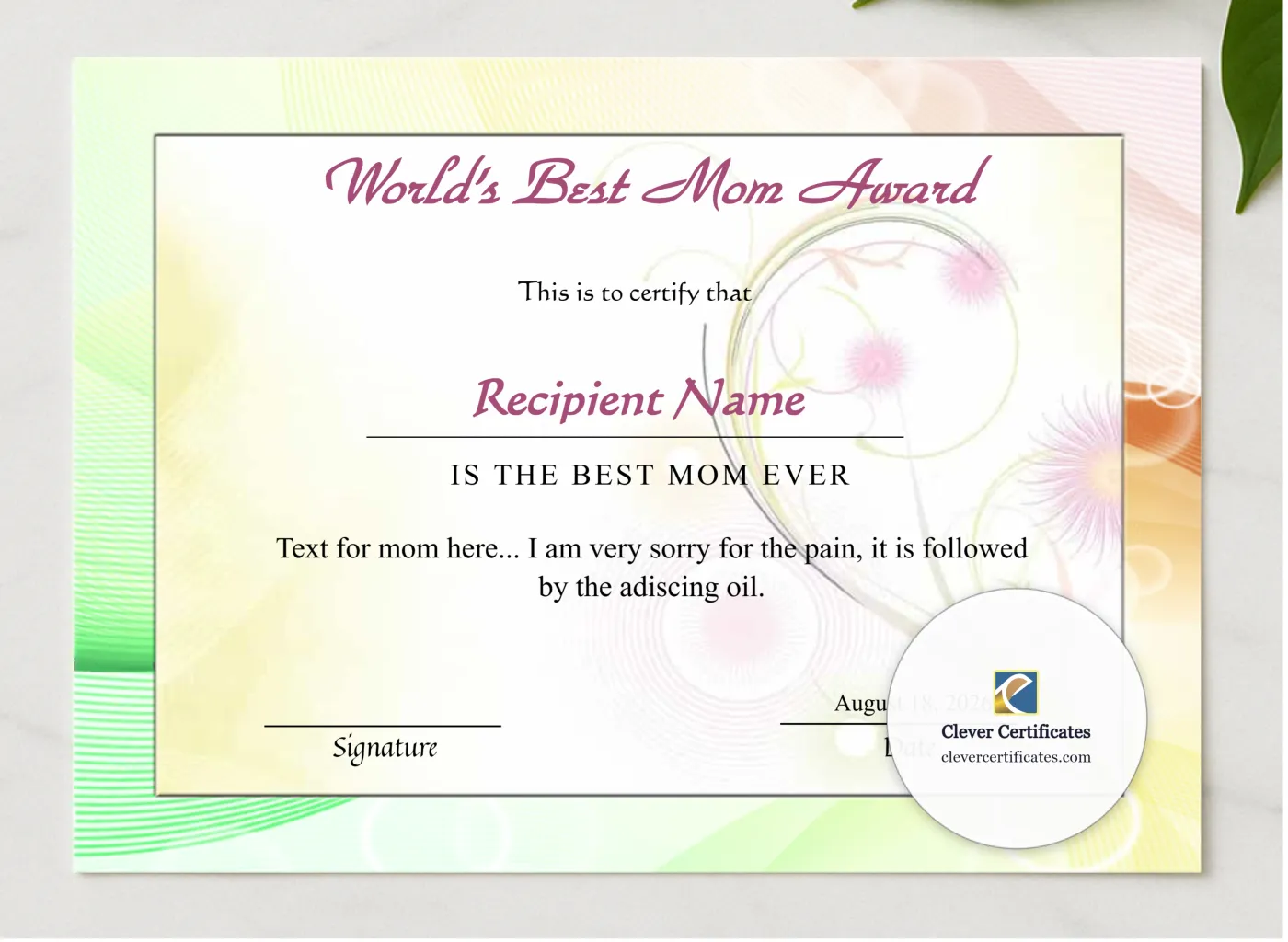 Editable Worlds Best Mom Award Certificate presented in a sleek wooden frame, elegantly arranged on a stylish table.
