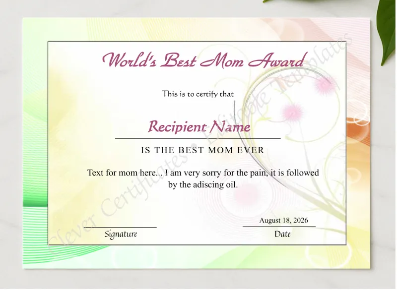 Editable Worlds Best Mom Award Certificate presented in a sleek wooden frame, elegantly arranged on a stylish table.