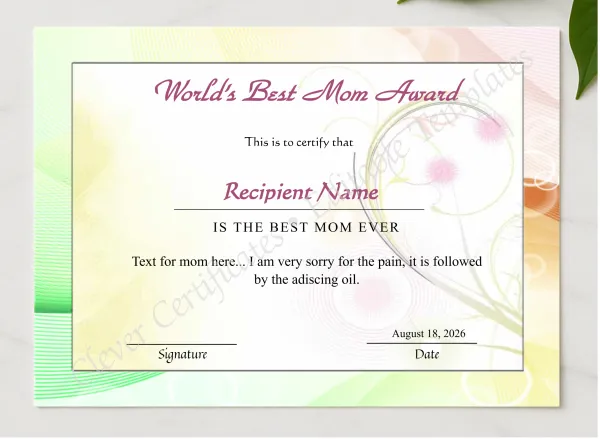 Editable Worlds Best Mom Award Certificate presented in a sleek wooden frame, elegantly arranged on a stylish table.