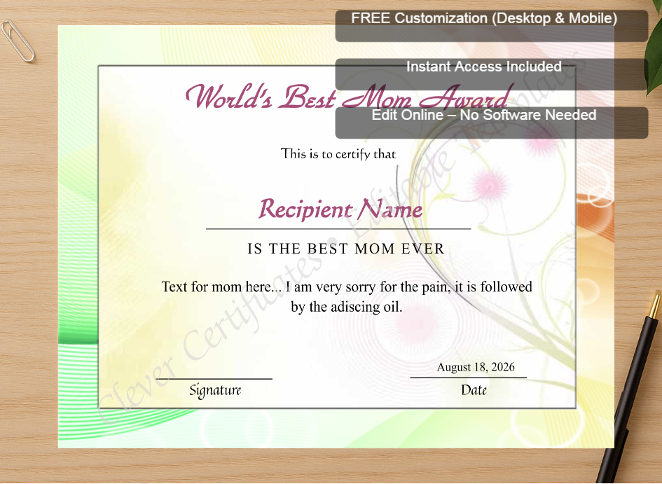 Zoomed preview with Free Editor badge stack for Editable Worlds Best Mom Award Certificate