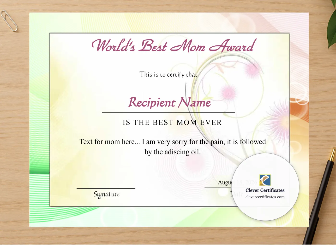 Professional preview of Editable Worlds Best Mom Award Certificate certificate on high-quality stationery paper, ideal for showcasing the final look.