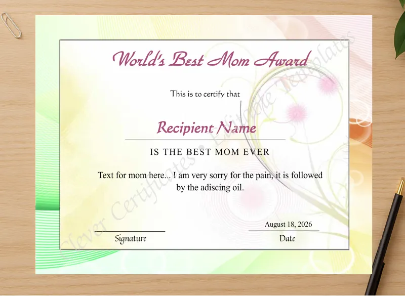 Professional preview of Editable Worlds Best Mom Award Certificate certificate on high-quality stationery paper, ideal for showcasing the final look.