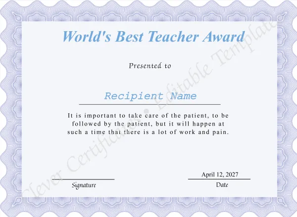 Editable Worlds Best Teacher Award Certificate