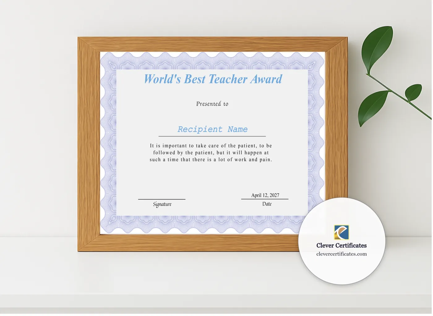 Realistic mockup featuring Editable Worlds Best Teacher Award Certificate displayed within a modern frame, set against a minimalistic background.