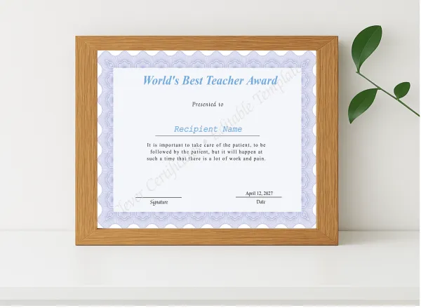 Realistic mockup featuring Editable Worlds Best Teacher Award Certificate displayed within a modern frame, set against a minimalistic background.
