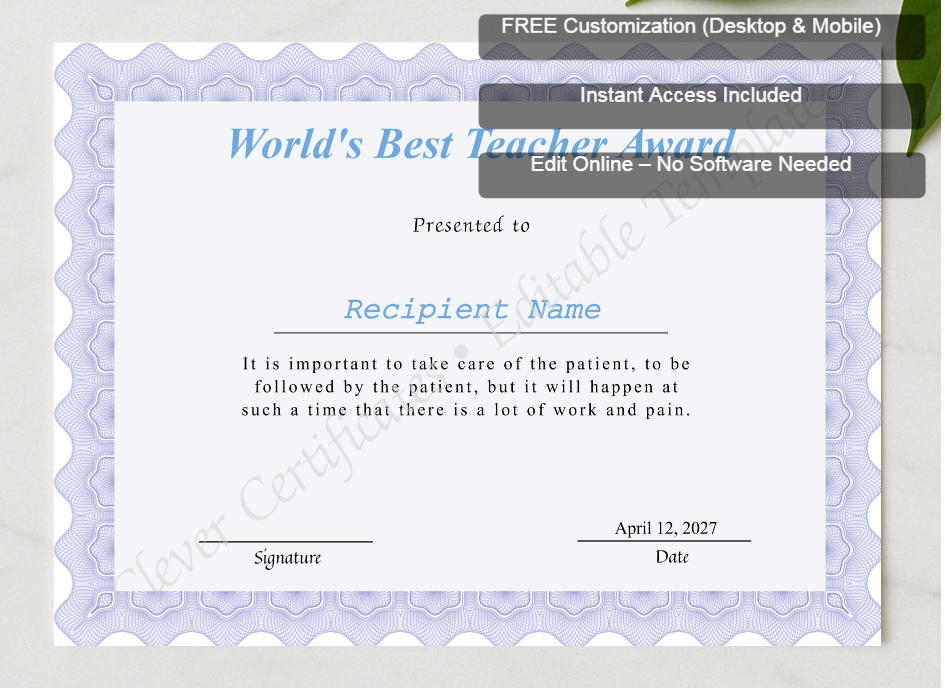 Framed preview featuring Free Editor badge stack for Editable Worlds Best Teacher Award Certificate