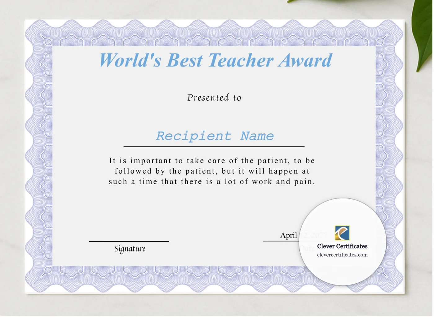 Editable Worlds Best Teacher Award Certificate presented in a sleek wooden frame, elegantly arranged on a stylish table.