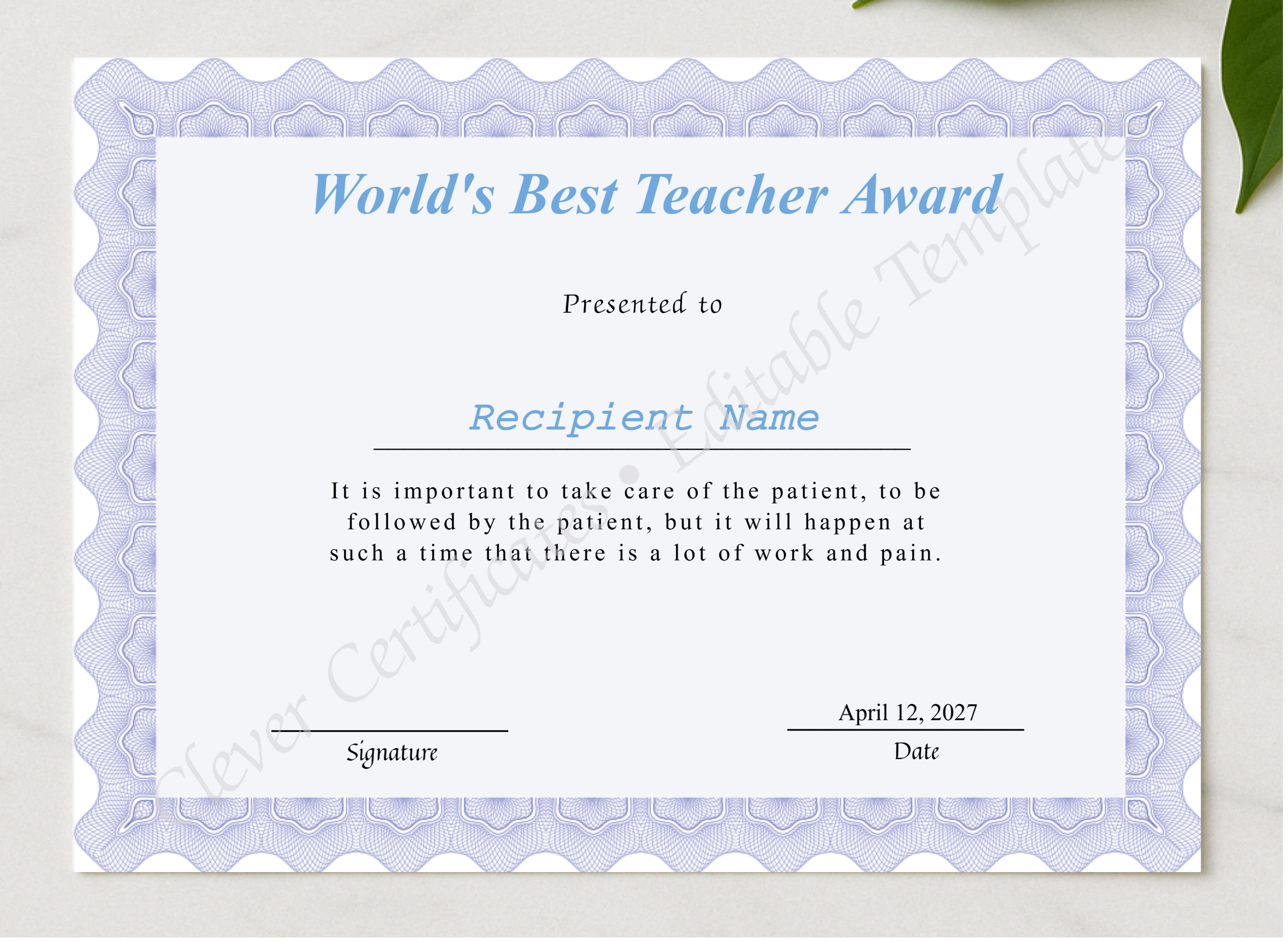 Editable Worlds Best Teacher Award Certificate presented in a sleek wooden frame, elegantly arranged on a stylish table.