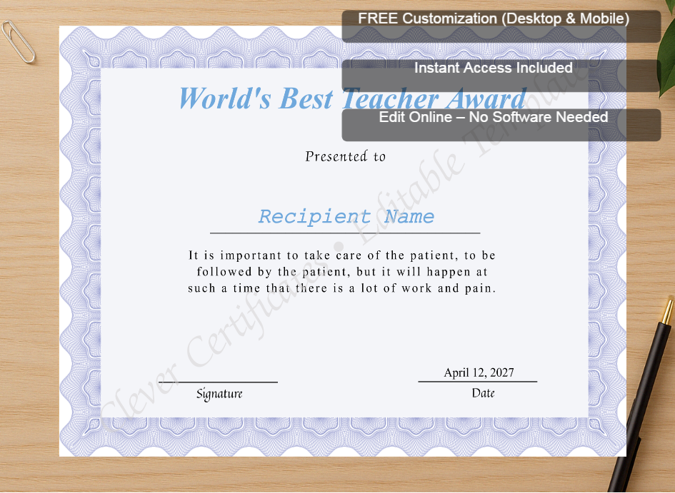 Zoomed preview with Free Editor badge stack for Editable Worlds Best Teacher Award Certificate