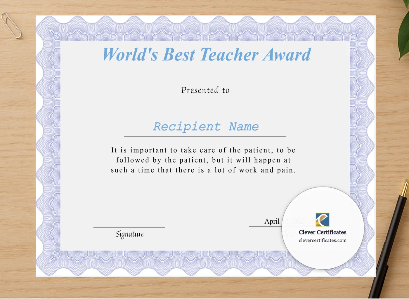 Professional preview of Editable Worlds Best Teacher Award Certificate certificate on high-quality stationery paper, ideal for showcasing the final look.