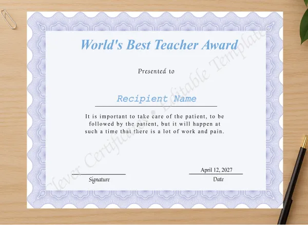 Professional preview of Editable Worlds Best Teacher Award Certificate certificate on high-quality stationery paper, ideal for showcasing the final look.