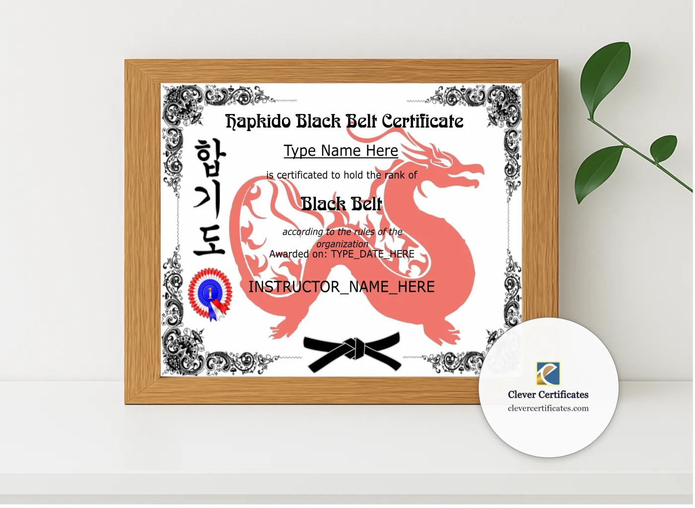 Realistic mockup featuring Printable Hapkido Black Belt Certificate displayed within a modern frame, set against a minimalistic background.