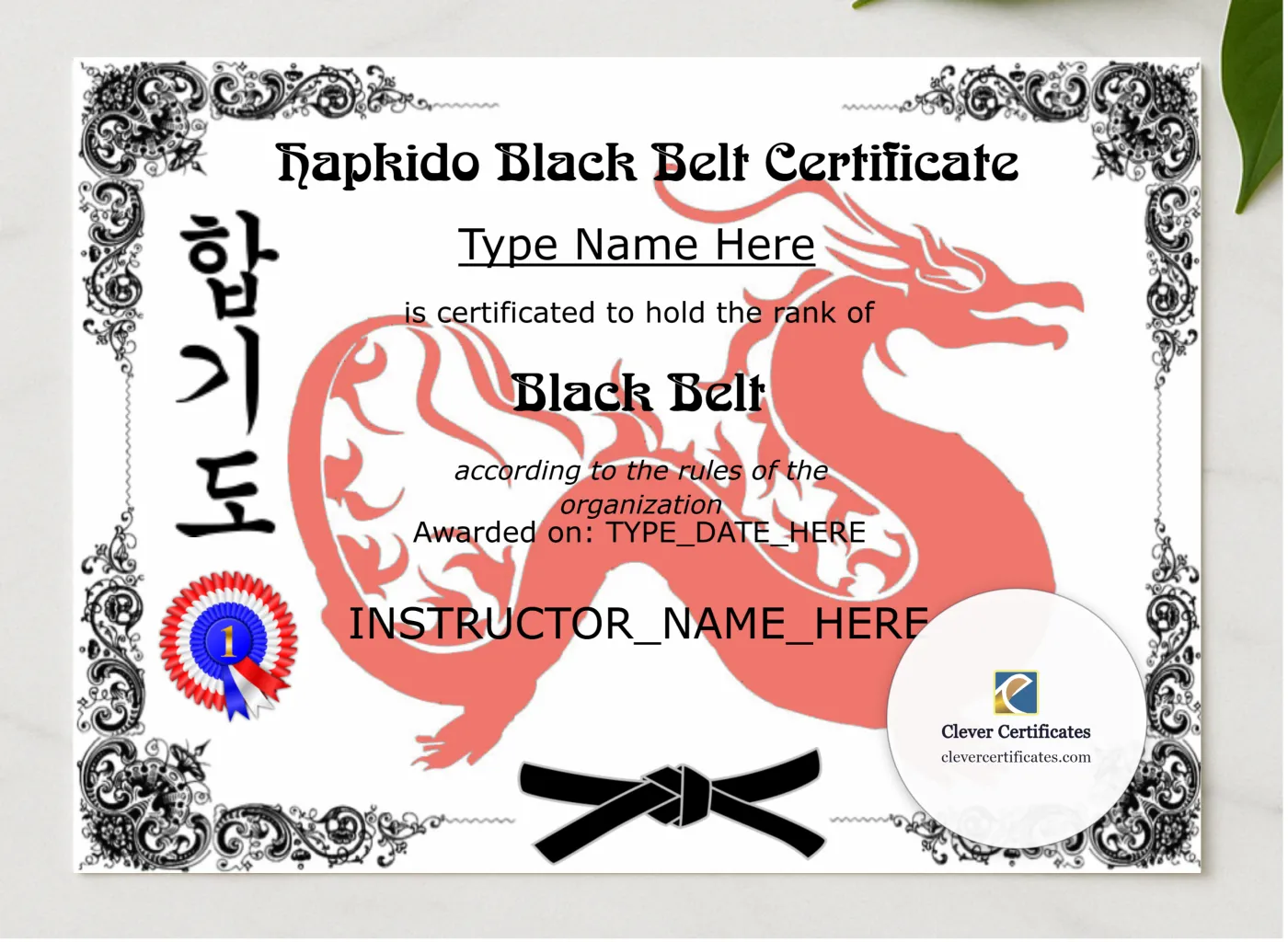 Printable Hapkido Black Belt Certificate presented in a sleek wooden frame, elegantly arranged on a stylish table.