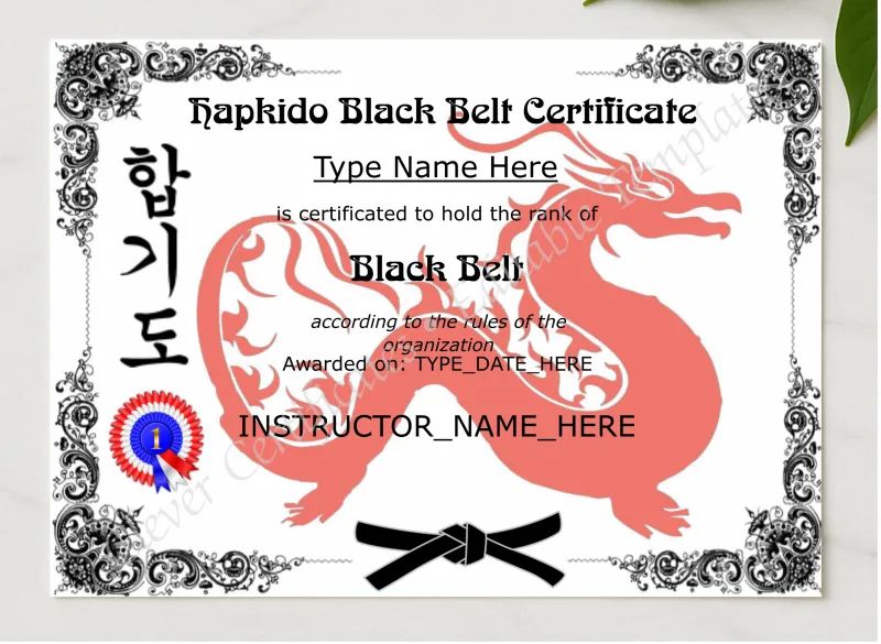 Printable Hapkido Black Belt Certificate presented in a sleek wooden frame, elegantly arranged on a stylish table.