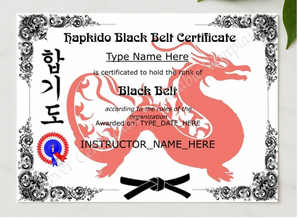Printable Hapkido Black Belt Certificate presented in a sleek wooden frame, elegantly arranged on a stylish table.