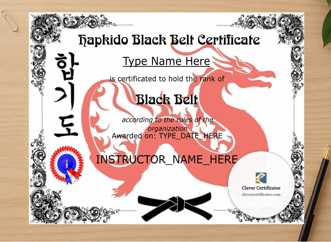 Professional preview of Printable Hapkido Black Belt Certificate certificate on high-quality stationery paper, ideal for showcasing the final look.