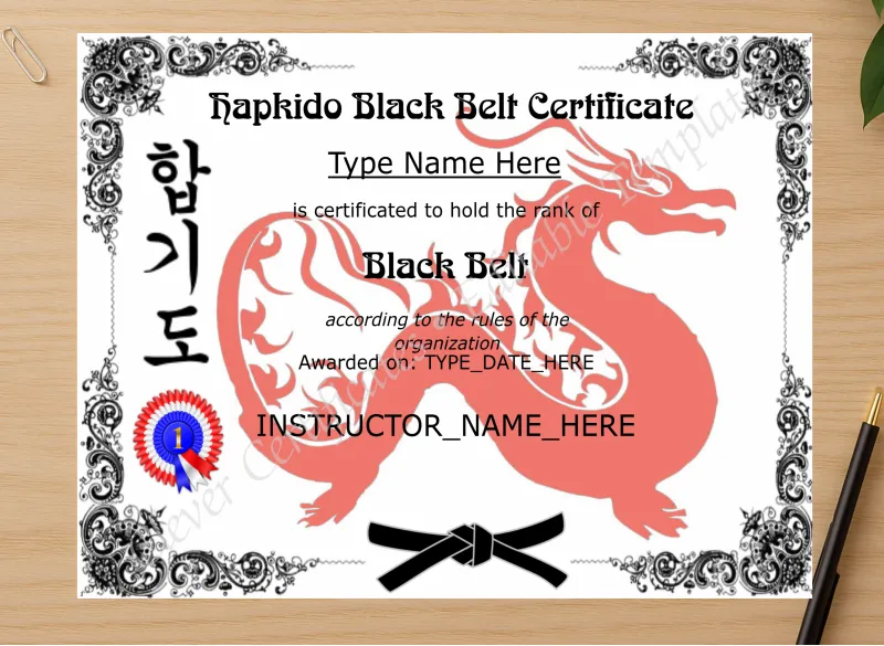 Professional preview of Printable Hapkido Black Belt Certificate certificate on high-quality stationery paper, ideal for showcasing the final look.