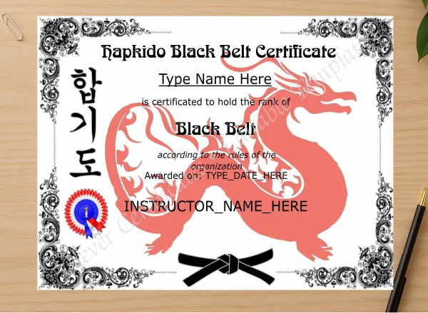 Professional preview of Printable Hapkido Black Belt Certificate certificate on high-quality stationery paper, ideal for showcasing the final look.