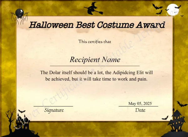 Editable Halloween Best Costume Award Certificate
