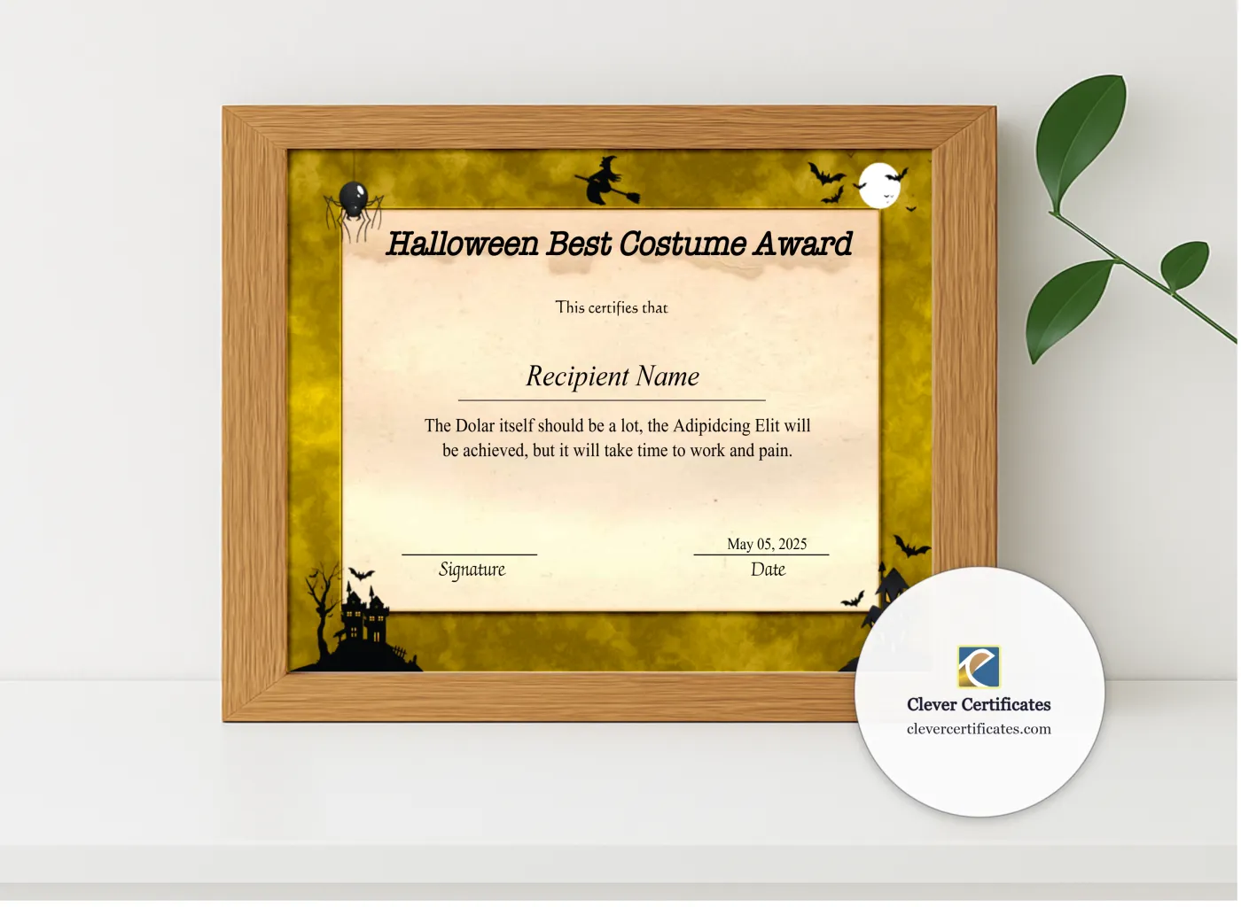 Realistic mockup featuring Editable Halloween Best Costume Award Certificate displayed within a modern frame, set against a minimalistic background.