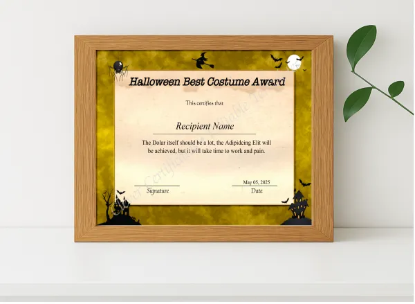 Realistic mockup featuring Editable Halloween Best Costume Award Certificate displayed within a modern frame, set against a minimalistic background.