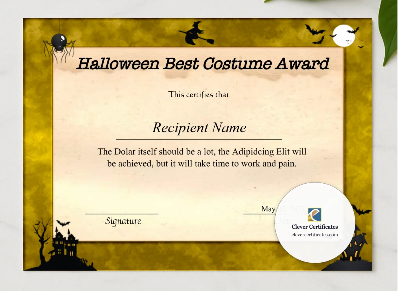 Editable Halloween Best Costume Award Certificate presented in a sleek wooden frame, elegantly arranged on a stylish table.