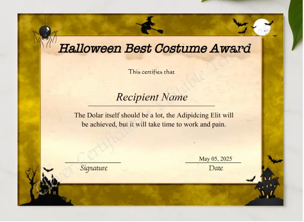 Editable Halloween Best Costume Award Certificate presented in a sleek wooden frame, elegantly arranged on a stylish table.
