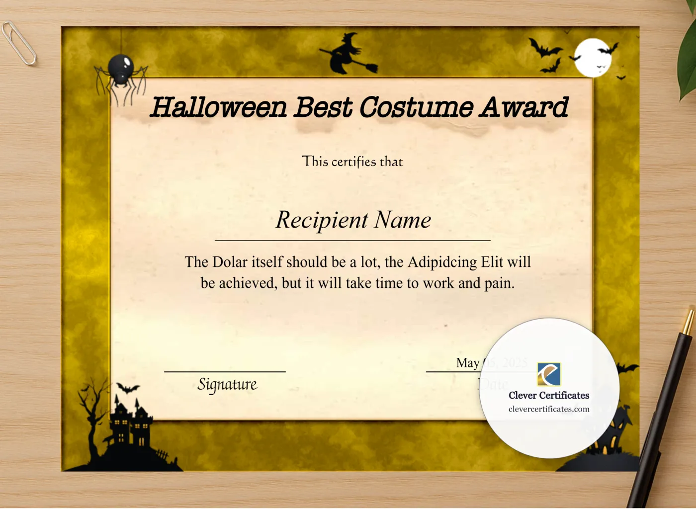 Professional preview of Editable Halloween Best Costume Award Certificate certificate on high-quality stationery paper, ideal for showcasing the final look.
