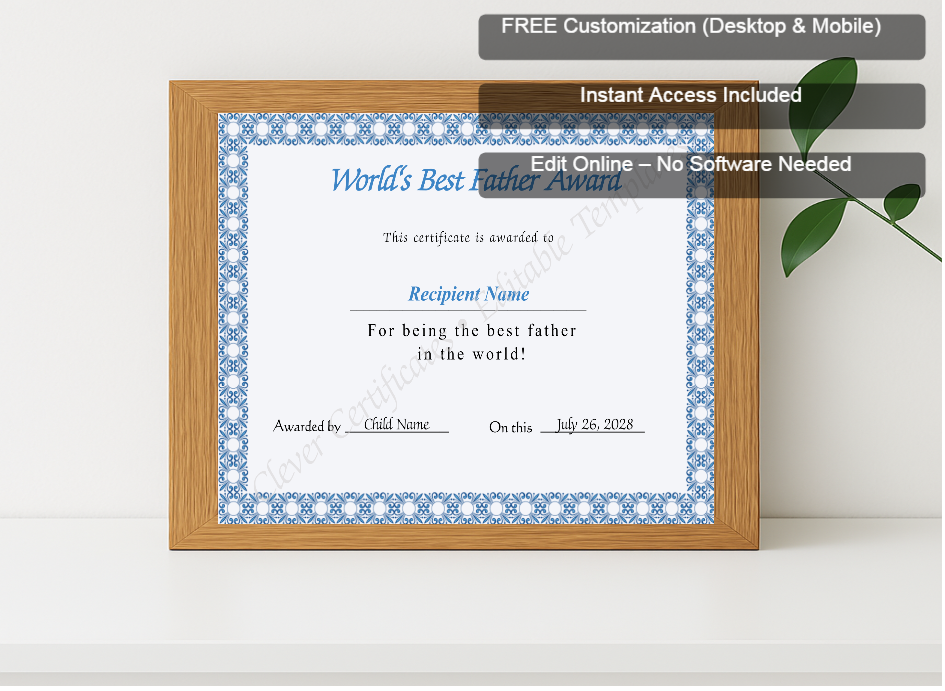 Premium mockup with Free Editor badge stack for Editable Worlds Best Father Award Certificate
