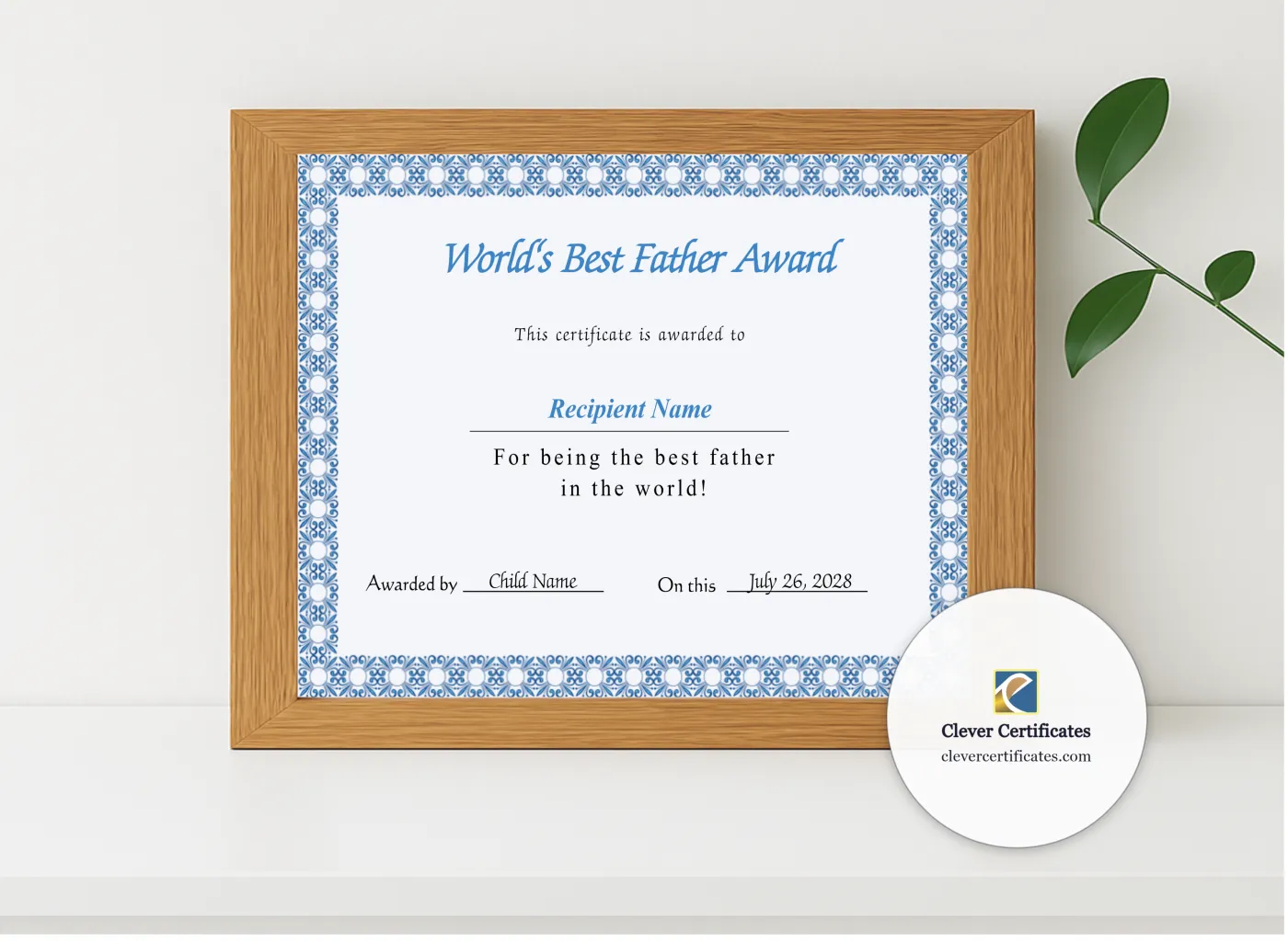 Realistic mockup featuring Editable Worlds Best Father Award Certificate displayed within a modern frame, set against a minimalistic background.