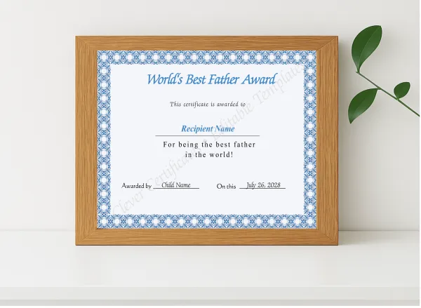 Realistic mockup featuring Editable Worlds Best Father Award Certificate displayed within a modern frame, set against a minimalistic background.