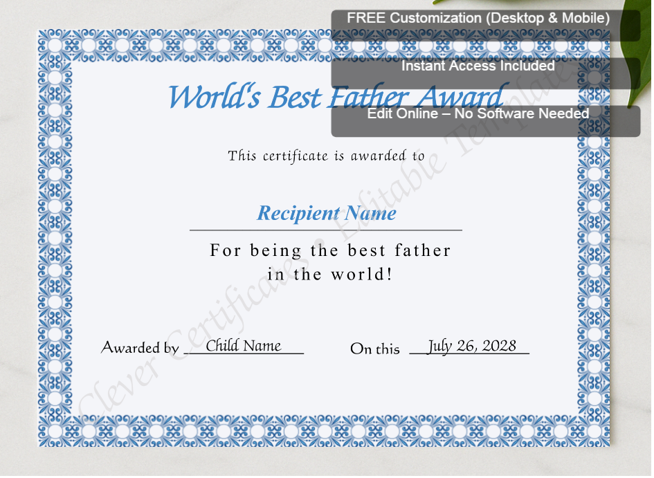Framed preview featuring Free Editor badge stack for Editable Worlds Best Father Award Certificate