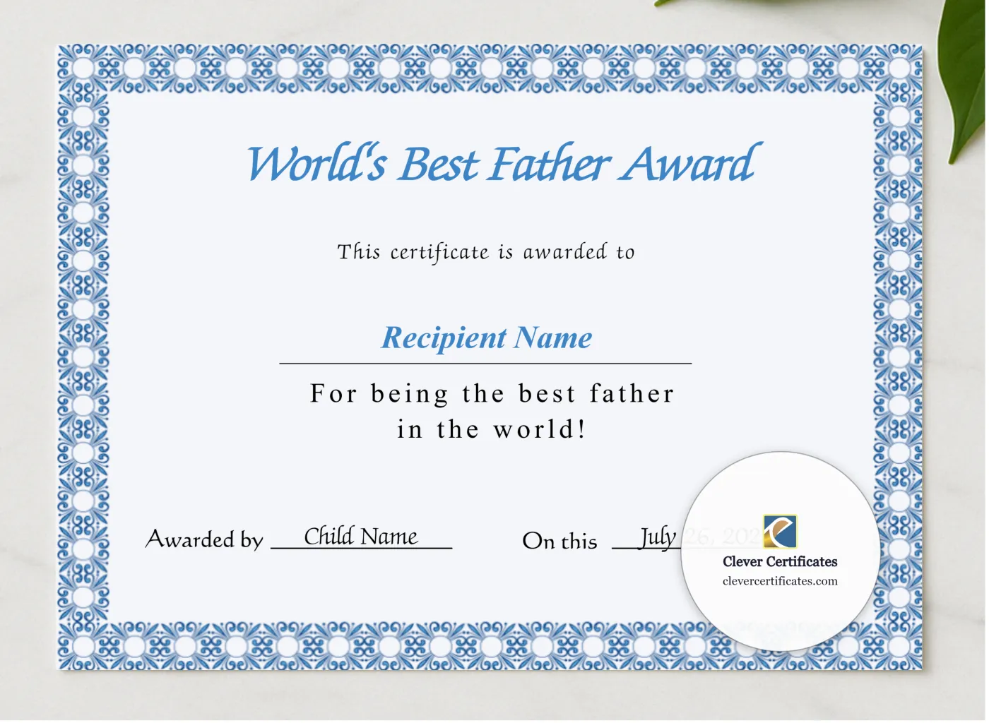 Editable Worlds Best Father Award Certificate presented in a sleek wooden frame, elegantly arranged on a stylish table.