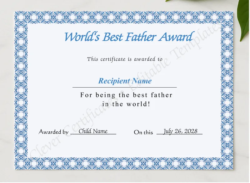 Editable Worlds Best Father Award Certificate presented in a sleek wooden frame, elegantly arranged on a stylish table.
