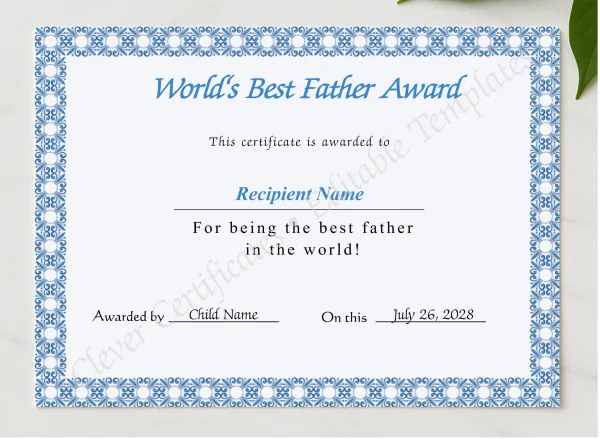 Editable Worlds Best Father Award Certificate presented in a sleek wooden frame, elegantly arranged on a stylish table.