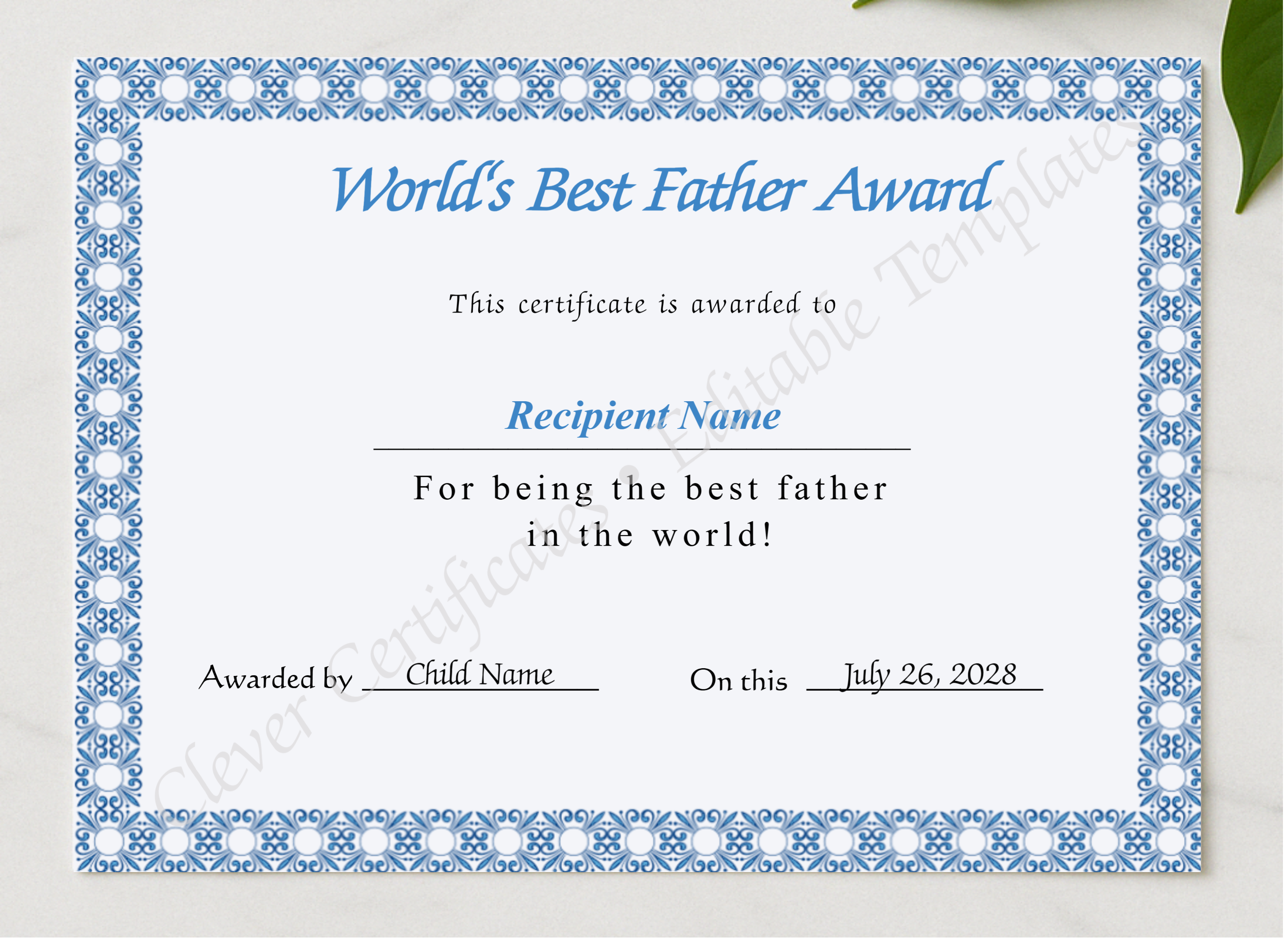 Editable Worlds Best Father Award Certificate presented in a sleek wooden frame, elegantly arranged on a stylish table.