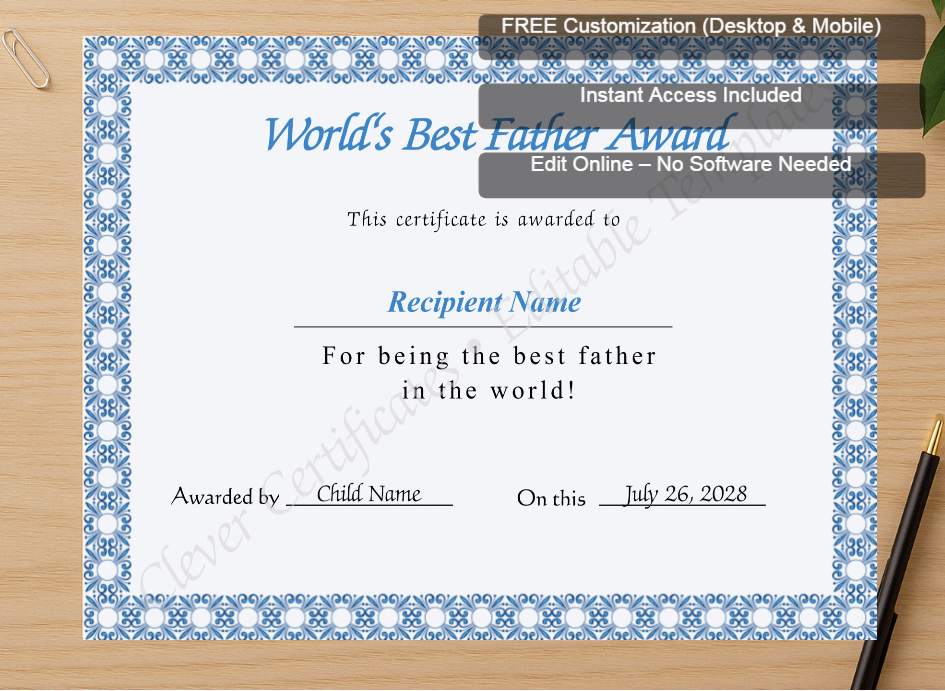 Zoomed preview with Free Editor badge stack for Editable Worlds Best Father Award Certificate