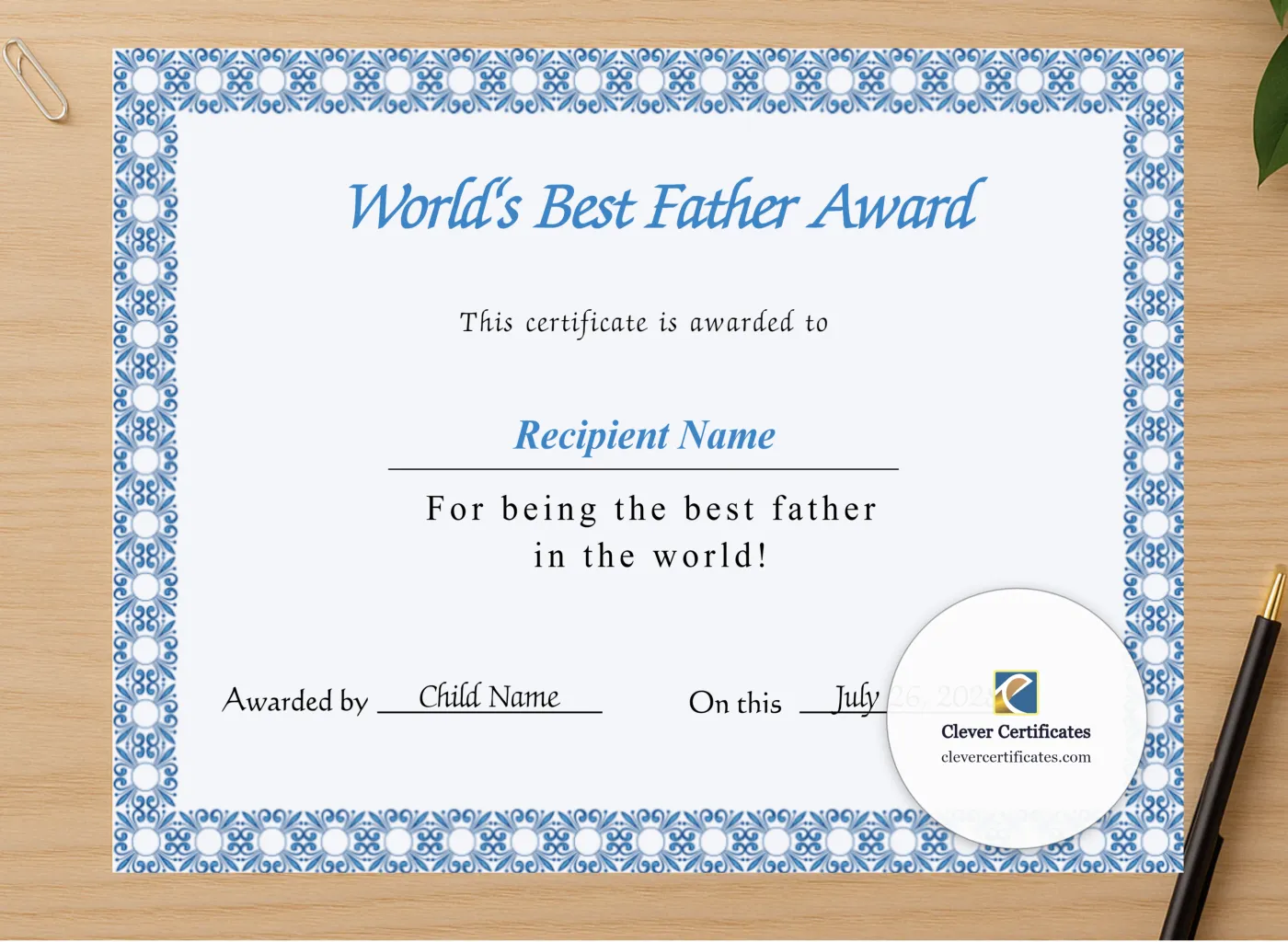 Professional preview of Editable Worlds Best Father Award Certificate certificate on high-quality stationery paper, ideal for showcasing the final look.