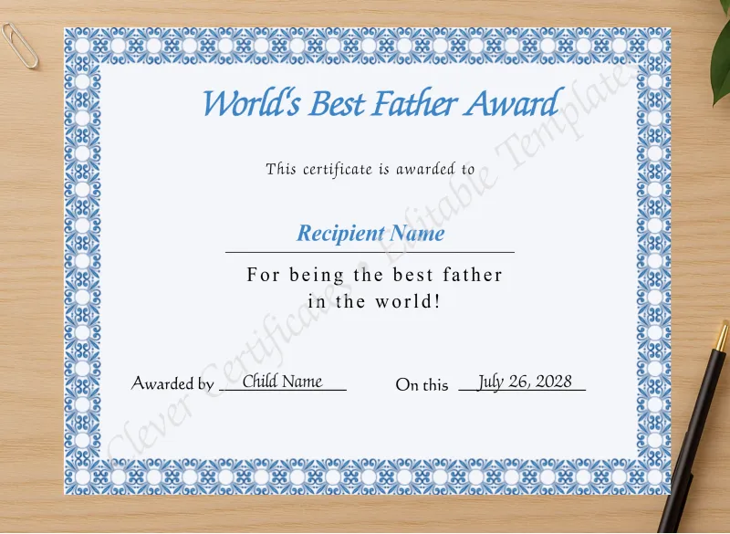 Professional preview of Editable Worlds Best Father Award Certificate certificate on high-quality stationery paper, ideal for showcasing the final look.