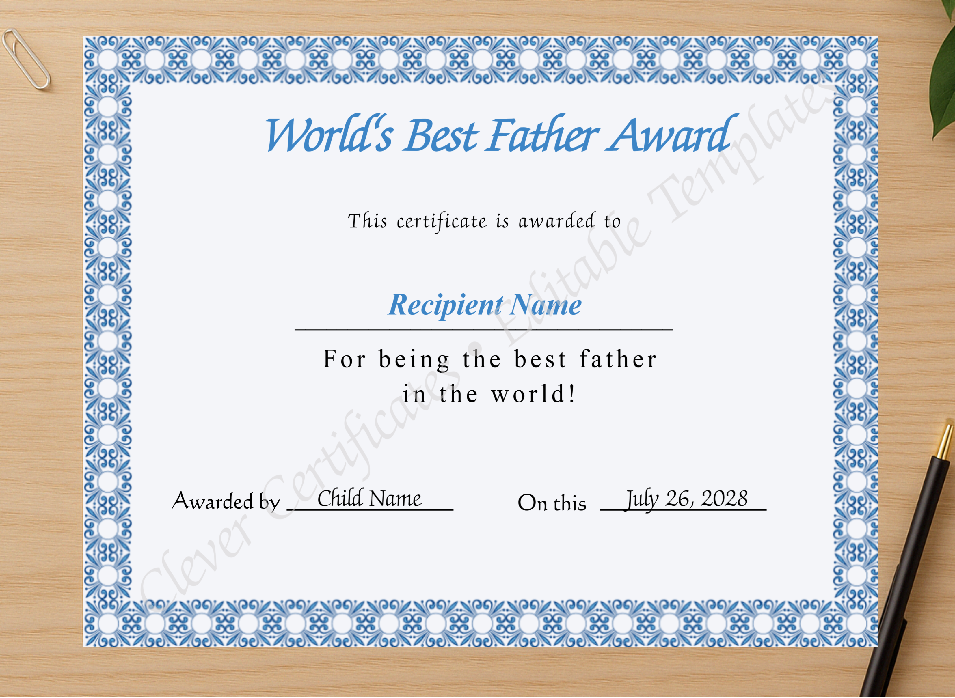 Professional preview of Editable Worlds Best Father Award Certificate certificate on high-quality stationery paper, ideal for showcasing the final look.