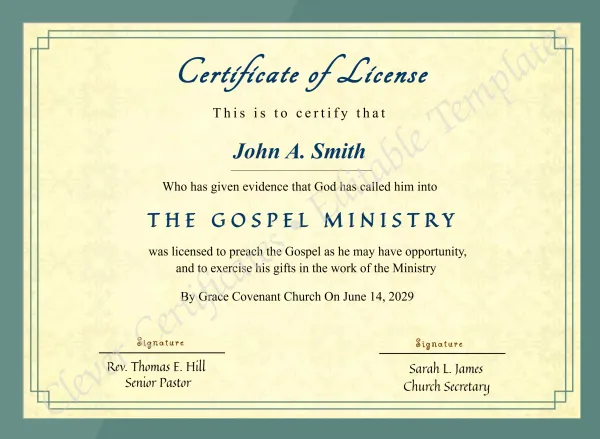 Editable Certificate Of License To Preach
