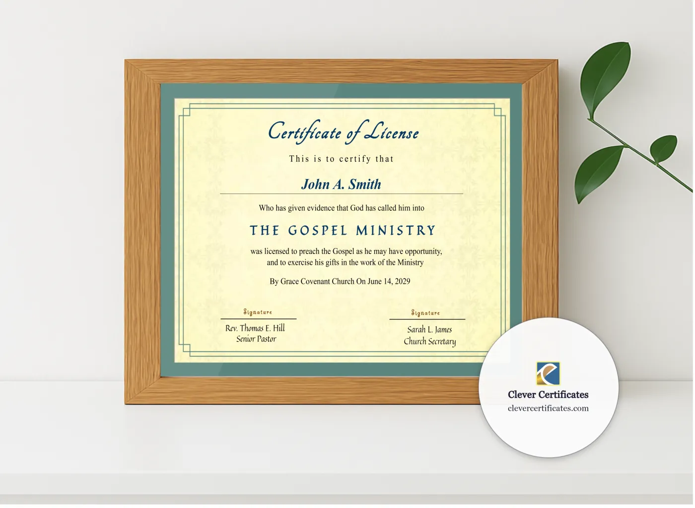 Realistic mockup featuring Editable Certificate Of License To Preach displayed within a modern frame, set against a minimalistic background.
