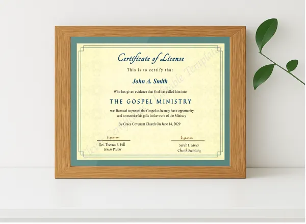 Realistic mockup featuring Editable Certificate Of License To Preach displayed within a modern frame, set against a minimalistic background.