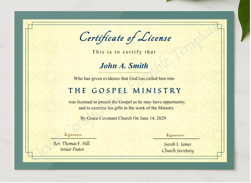 Editable Certificate Of License To Preach presented in a sleek wooden frame, elegantly arranged on a stylish table.
