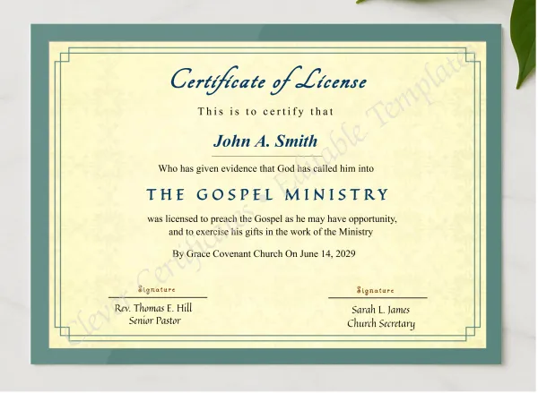 Editable Certificate Of License To Preach presented in a sleek wooden frame, elegantly arranged on a stylish table.