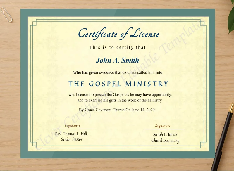 Professional preview of Editable Certificate Of License To Preach certificate on high-quality stationery paper, ideal for showcasing the final look.