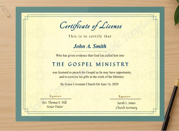 Professional preview of Editable Certificate Of License To Preach certificate on high-quality stationery paper, ideal for showcasing the final look.