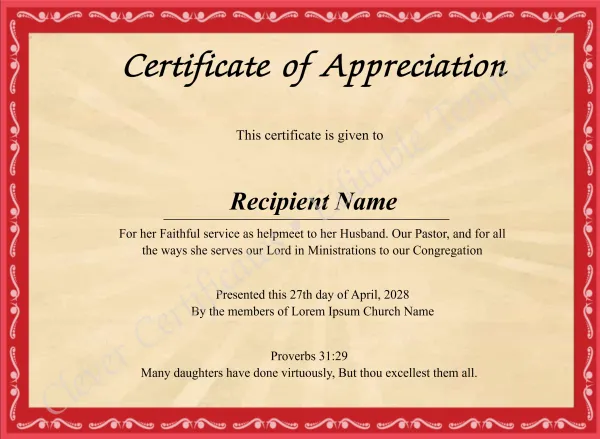 Editable Certificate Of Appreciation For The Pastors Wife
