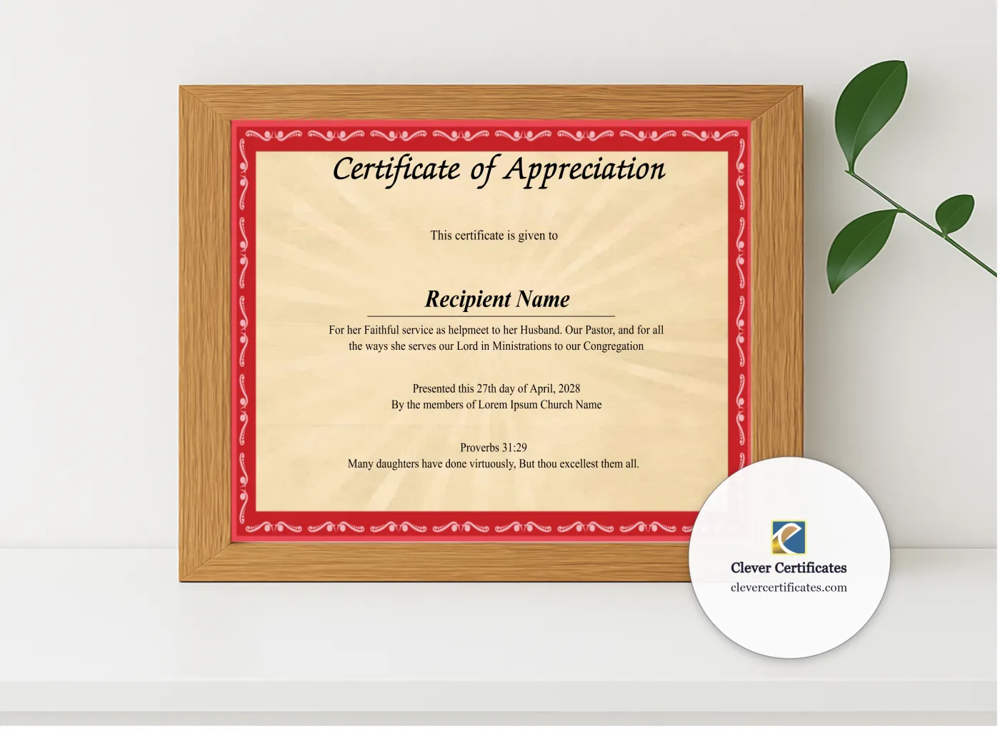 Realistic mockup featuring Editable Certificate Of Appreciation For The Pastors Wife displayed within a modern frame, set against a minimalistic background.
